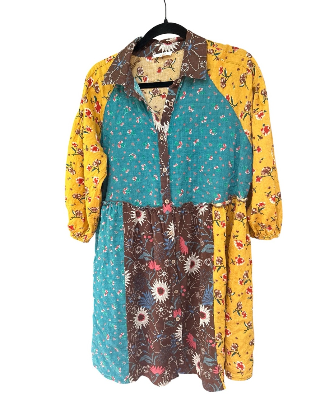 Easel Boho Patchwork Floral Button-Front Dress in Teal, Brown & Mustard Babydoll